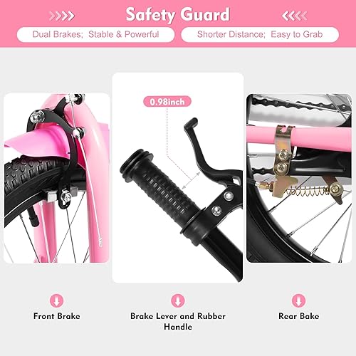 16 Pollici Bici per Bambino,Bicicletta Rosa con Ruota Ausiliare,Freno a Mano e Retropedale, 5-8 Anni Bambini Biciclette - Ysert