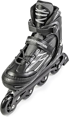 Pattini in linea regolabili per adulti e adolescenti XL (41-44) UK 7.5-9.5 - Stivali a rotelle neri unisex per uomini, donne, ragazzi e ragazze - Ysert