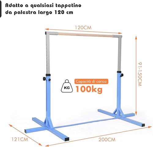 Sbarra da Ginnastica Artistica in Legno Massello e Acciaio, Sbarra da Danza Classica per Casa Regolabile in Altezza tra 91 e 150 cm, con Portata di 100 kg, 200 x 121 x 91/150 cm - Ysert