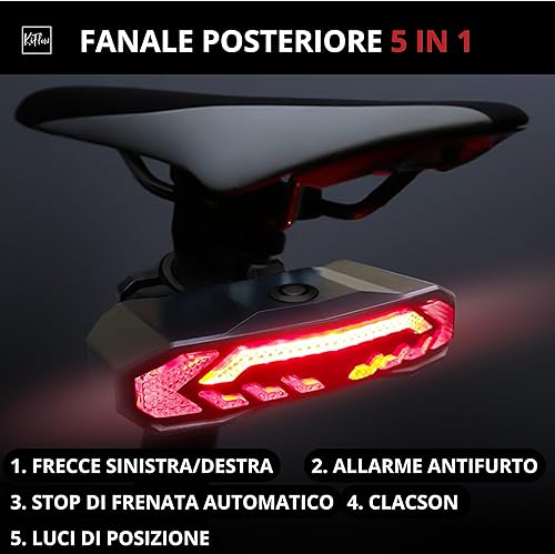 Luce posteriore bici, frecce bici e allarme bici | 2 staffe incluse | Fanale ultra luminoso con frecce bici elettrica e antifurto bici | Sensore di Frenata, 5 Modalità e ricarica USB - Ysert