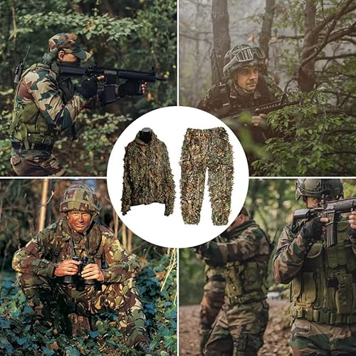 Abito Mimetico all'aperto Abito Mimetico Foglie 3D Abbigliamento con Cappuccio Tops da Esterno Pantaloni Poncho per Birdwatching della Giungla - Ysert