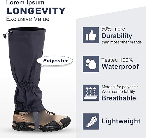 Un paio di ghette esterne unisex chiusura lampo di chiusura e tessuto impermeabile ghette ghette copertura per ciclismo snowboard escursionismo, Nero , Taglia unica - Ysert