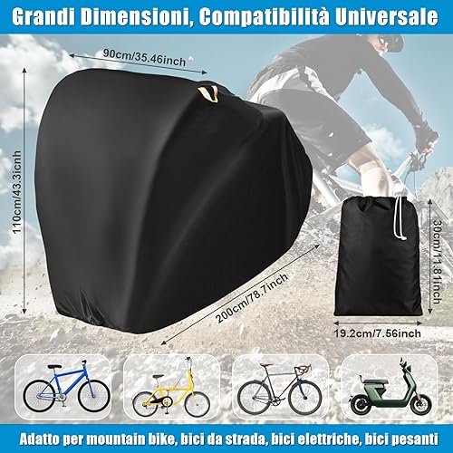 Telo Copri Bicicletta Impermeabile Anti-UV per 2 Bicicletta, Copribici Copertura 190T Custodia Protettiva per Bicicletta - 200×90×110cm, Nero - Ysert