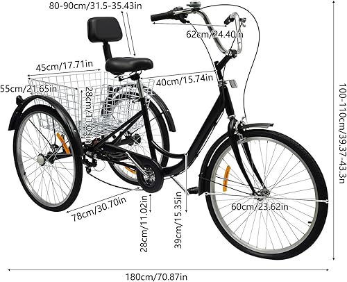 24 pollici triciclo per adulti, 6 marce 3 ruote Cruiser bicicletta con schienale e cestello, 3 ruote bicicletta regolabile per adulti per attività all'aperto - Ysert