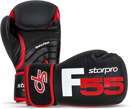Starpro Guanti Boxe Professionali in Pelle Cronos Sintetica Premium. Guantoni Allenamento Donna e Uomo per Sparring, Muay Thai, Kickboxing, Fitness, Pugilato - Nero& Rosso - 10oz 12oz 14oz 16oz - Ysert