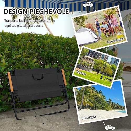 Outsunny Sedia da Campeggio Doppia 2 Posti, Divanetto Pieghevole in Acciaio e Tessuto Oxford Traspirante, 108x65x73 cm, Nero - Ysert