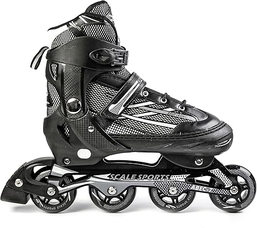 Pattini in linea regolabili per adulti e adolescenti XL (41-44) UK 7.5-9.5 - Stivali a rotelle neri unisex per uomini, donne, ragazzi e ragazze - Ysert