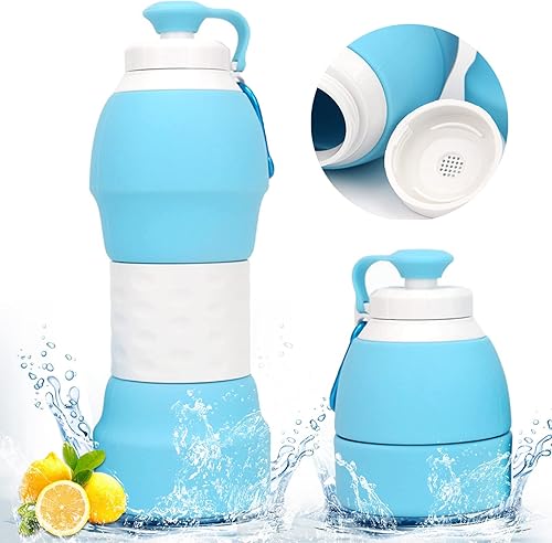 Borraccia Pieghevole, Borraccia Pieghevole 580 ml, Bottiglie Flessibile Pieghevole Riutilizzabile Acqua, Borraccia Sportiva Pieghevole, Borraccia Pieghevole Silicone (blu) - Ysert