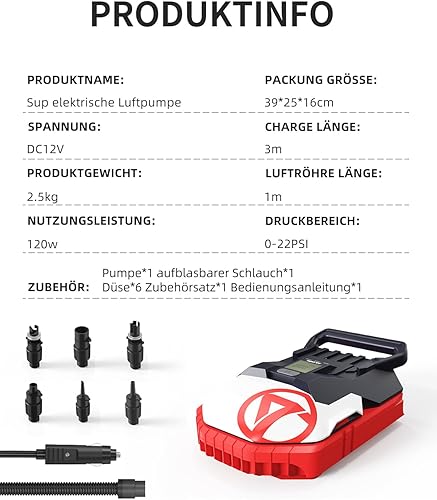 PaddleBoard Pump, pompa elettrica ad aria a doppio stadio per SUP, connessione DC 12V per auto con spegnimento automatico, per Paddle Board, Kayak, Barca - Ysert
