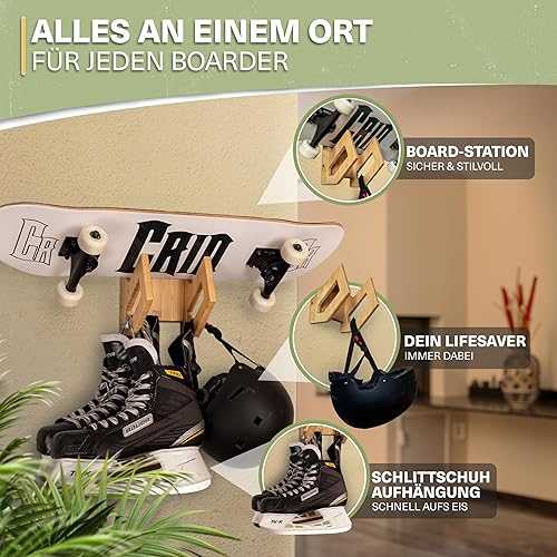 CRID® - Supporto da parete in bambù sostenibile con kit di montaggio, per appendere qualsiasi tavola come skateboard, wakeboard, longboard, snowboard, dimensioni 19,7 x 15,5 x 14,0 cm (600 g) - Ysert