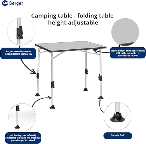 Berger Tavolo da campeggio pieghevole in alluminio e legno MDF | Tavolo da giardino, da esterno o interno, regolabile in altezza | Ivalo I 80x60 cm - Ysert