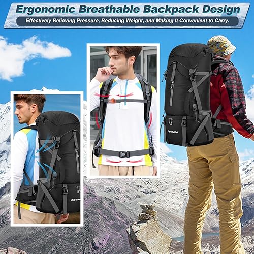 Zaino da 70L Impermeabile per Escursionismo e Campeggio con Copertura per la Pioggia, Ultraleggero ad Alta Capacità per Sport all'Aperto, Viaggio, Arrampicata e Touring (Nero) - Ysert