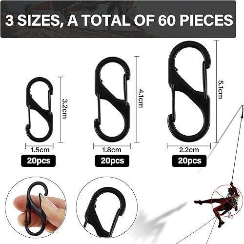 60 moschettoni a S, 50 mm/40 mm/32 mm, in metallo antifurto, doppio moschettone per campeggio, escursioni, chiavi (nero) - Ysert