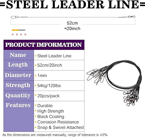 Terminale Filo da Pesca Leaders Girevoli Lenze in Acciaio Inox con Girella Leader Filo Rig Connettore a Scatto 20pcs 20inch 120lbs - Ysert