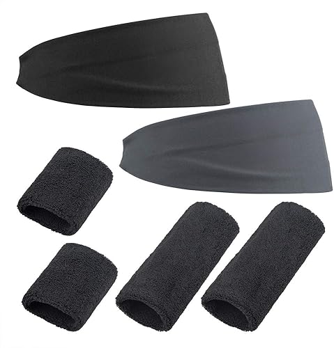SourceTon Set di 6, Fascia e Polsino, Fascia per Sudore (Nero e Grigio) e 2 Paia di Polsini (2 Pollici e 6 Pollici) per Uomo e Donna, Tennis, Basket, Corsa, Allenamento - Ysert