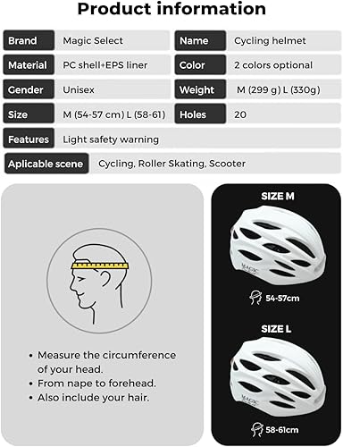 Casco da Bici e Monopattino con Spia Rossa + Luce Anteriore Bianca. Casco MTB, Bicicletta, Scooter; Leggero con fodera staccabile, Guscio in PC + EPS, 14 Prese d'aria e Cavo di ricarica USB. - Ysert