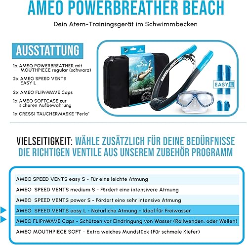 AMEO POWERBREATHER Beach Plus - Boccaglio ad aria fresca - Dispositivo di allenamento per piscina e acque libere per adulti e bambini - Set da snorkeling con sistema a valvola intelligente - Ysert