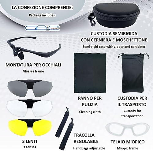 Occhiali Tattici Militari da Tiro, 3 Lenti Intercambiabili, Custodia Semirigida, Panno Pulizia, Tracolla Regolabile, Telaio Miopico - Ysert