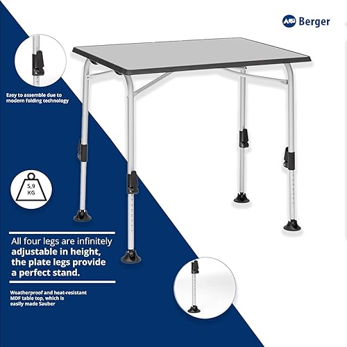 Berger Tavolo da campeggio pieghevole in alluminio e legno MDF | Tavolo da giardino, da esterno o interno, regolabile in altezza | Ivalo I 80x60 cm - Ysert