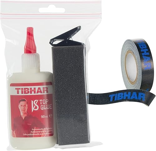 Tibhar Nastro adesivo per ping-pong per rivestimenti e ping-pong, set di colla VS Top Glue, 90 ml e nastro per bordi Evolution, 5 m, 12 mm, nero - Ysert