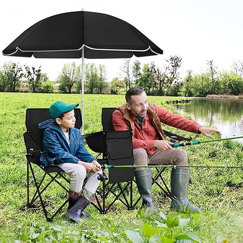 COSTWAY Set di 2 Sedie da Campeggio Pieghevoli, con Ombrellone e Tavolino Contenitore, Resistente e Leggero, Capacità 113 kg (blu) - Ysert