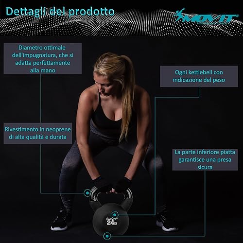 Kettlebell PRO in Ghisa Con Rivestimento in Neoprene - 12 Varianti da 2 a 24 kg, Testato per Sostanze Nocive, Peso a Sfera Oscillante - Ysert