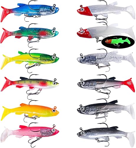 12 Pezzi Esche Artificiali Spinning Artificiali Spinning Mare Pesca Accessori Esche Bionic Set di Esche in Gomma Esca Morbida a Doppio Amo con Coda a T Blocco Leader Incorporato angelköder - Ysert