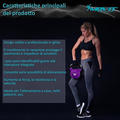 Kettlebell PRO in Ghisa Con Rivestimento in Neoprene - 12 Varianti da 2 a 24 kg, Testato per Sostanze Nocive, Peso a Sfera Oscillante - Ysert