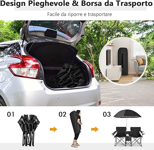 COSTWAY Set di 2 Sedie da Campeggio Pieghevoli, con Ombrellone e Tavolino Contenitore, Resistente e Leggero, Capacità 113 kg (blu) - Ysert