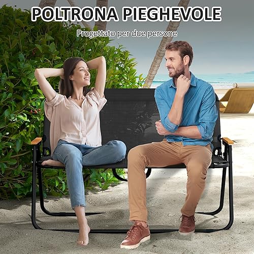 Outsunny Sedia da Campeggio Doppia 2 Posti, Divanetto Pieghevole in Acciaio e Tessuto Oxford Traspirante, 108x65x73 cm, Nero - Ysert