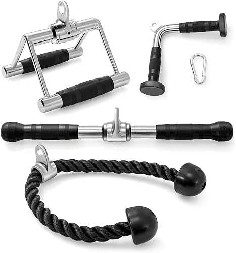 Set di 4 Accessori per Macchina a Cavi, Set di Attacchi per Tirare LAT con Corda per Tricipiti, Maniglia Doppia a Doppio D, Maniglia a V, Barra Rotante Diritta, Accessori per Macchine Pesi - Ysert