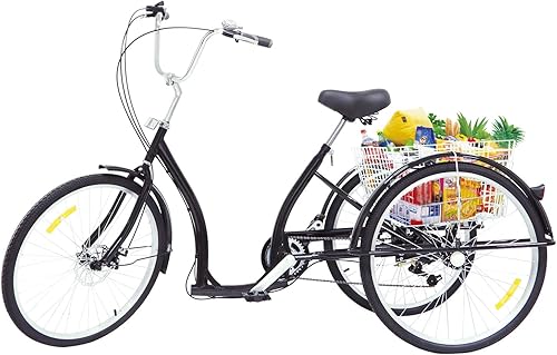 Triciclo da 26 pollici per adulti, triciclo da città a 6 marce, bicicletta per il tempo libero, triciciclo con cestino, ruote antiscivolo e resistenti all'usura, per shopping, viaggi, picnic - Ysert