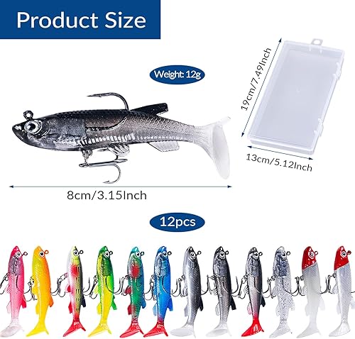 12 Pezzi Esche Artificiali Spinning Artificiali Spinning Mare Pesca Accessori Esche Bionic Set di Esche in Gomma Esca Morbida a Doppio Amo con Coda a T Blocco Leader Incorporato angelköder - Ysert