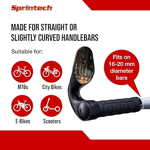 Specchietto Retrovisore Bici - City XL Specchietti Bici Con Vetro e Un Guscio ABS per Manubri Di Diametro 16-20mm - Leggero e Totalmente Aggiustabile per Mountain Bike, E-Bike, Scooter - Sprintech - Ysert