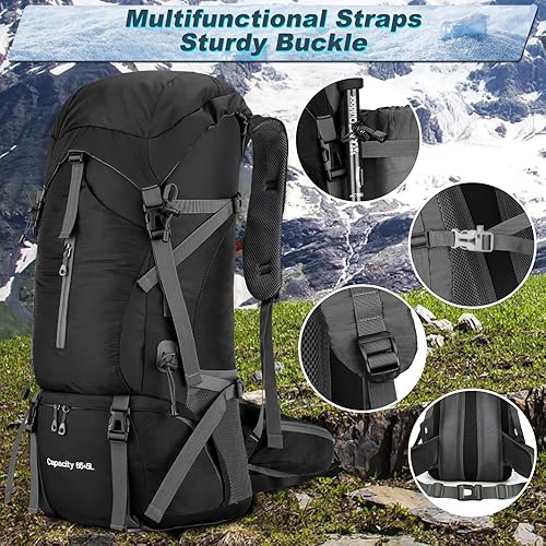 Zaino da 70L Impermeabile per Escursionismo e Campeggio con Copertura per la Pioggia, Ultraleggero ad Alta Capacità per Sport all'Aperto, Viaggio, Arrampicata e Touring (Nero) - Ysert