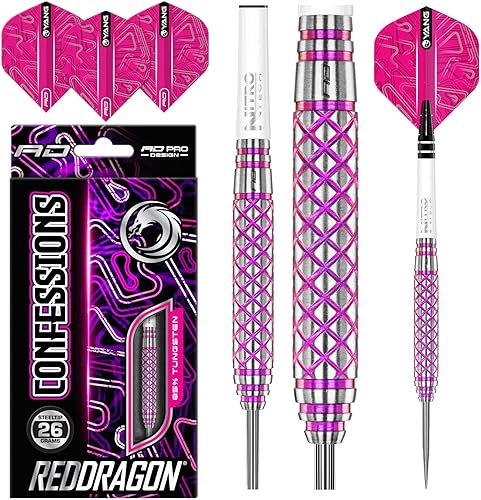 RED DRAGON Confessions 26g, 28g o 30g Freccette Tungsteno con Punta Acciacio, Voli e Freccette Aste - Ysert