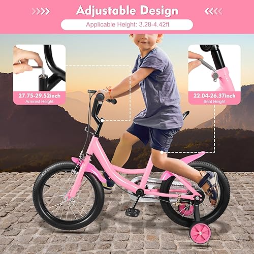 16 Pollici Bici per Bambino,Bicicletta Rosa con Ruota Ausiliare,Freno a Mano e Retropedale, 5-8 Anni Bambini Biciclette - Ysert