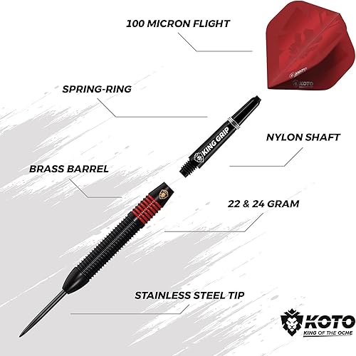 KOTO - Freccette Kingprove Nero & Rosso in Ottone 22 G, 3 Barili, Alette + Aste & Portafoglio per Freccette - Ysert