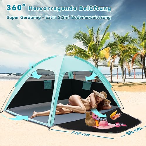 Tenda da Spiaggia, Tilenvi Parasole Spiaggia per 3-4 Persone, Protezione UV 80+ Tenda Mare Portatile, Istantanee Tende Familiari per Vacanza in Spiaggia Campeggio Pesca Picnic - Ysert