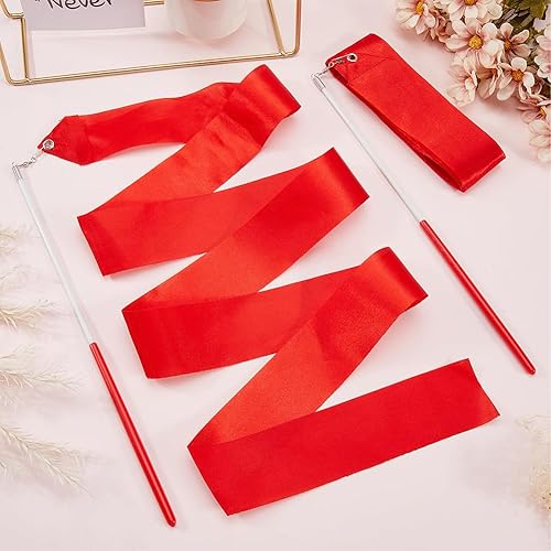 2pz Nastri Da Ballo Rossi 4.3m di Lunghezza Nastro Da Ginnastica Ritmica Nastri Da Ballo Artistici Nastri Da Ballo per Ballerini Bacchetta Nastri Da Ballo per Allenamento di Danza Artistica - Ysert