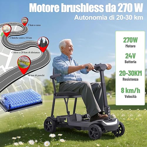 TODIMART YL-219 Scooter Elettrico 4 Ruote, Scooter Disabili e Pieghevole per Adulti, Leggero, Pieghevole, per Anziani con Batteria Rimovibile, Fari a LED e Fanale posteriore - Ysert
