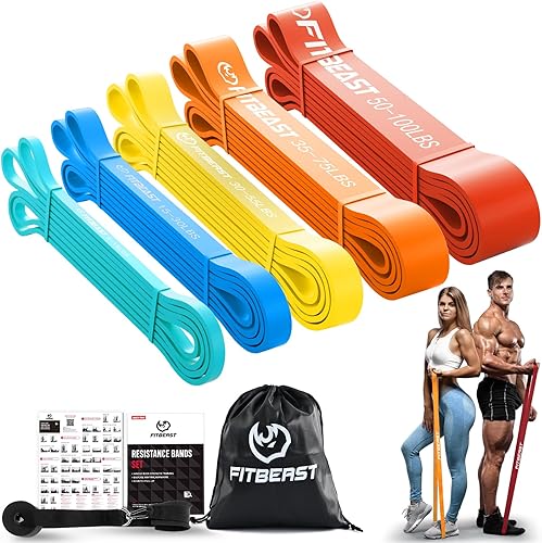 FitBeast Set di fasce di resistenza, 5 diversi livelli, con fibbia per porta e grip pad, ideale per pilates, allenamento, fisioterapia, stretching, yoga, ginnastica domestica (multicolore 5-100 LBS) - Ysert