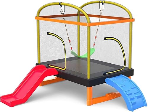 Trampolino Quadrato Con Scivolo E Scala Per Arrampicarsi, Include Rete Di Sicurezza, Tappetino, Altalena, Trampolino Da Giardino Per Uso Interno Ed Esterno, Regalo Di Compleanno Per Bambini - Ysert