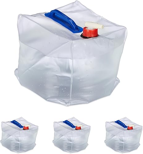 Relaxdays Set da 4 Taniche Pieghevoli, in Plastica Senza BPA, con Manici, Rubinetto, Tappo a Vite, da 10 L, Trasparente, 25 x 23 x 23 cm - Ysert