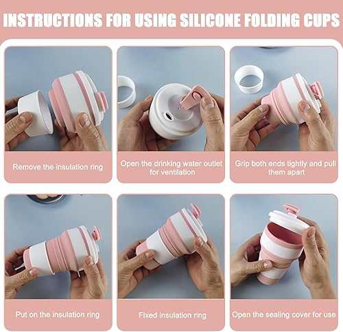 3 tazze pieghevoli in silicone, portatili, 350 ml, in silicone, con coperchio ermetico, pieghevole, senza BPA, per campeggio, escursioni (blu, rosa+verde) - Ysert
