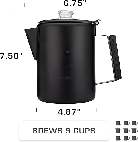 COLETTI Bozeman - Caffettiera da campeggio - Caffettiera nera a percolatore - Puro acciaio inossidabile con rivestimento nero - Caffettiera da campeggio (6 TAZZE, Nera) - Lavabile in lavastoviglie, - Ysert