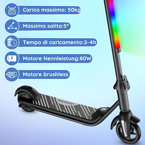 Monopattino elettrico per bambini 6-12 anni, motore 80W, velocità 6/12 km/h, autonomia 8 km, capacità 50 kg, display LED & luci arcobaleno, monopattino pieghevole per bambini - Ysert