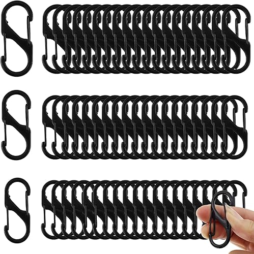 60 moschettoni a S, 50 mm/40 mm/32 mm, in metallo antifurto, doppio moschettone per campeggio, escursioni, chiavi (nero) - Ysert