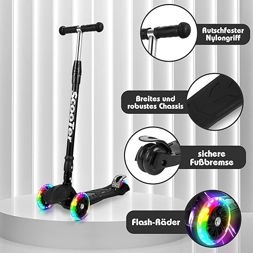 Monopattino pieghevole per bambini, con 3 ruote a LED e manubrio regolabile in altezza, freni posteriori, fino a 50 kg, per scooter bambini dai 3 ai 14 anni - Ysert