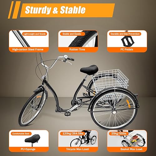 Triciclo da 26 pollici per adulti, triciclo da città a 6 marce, bicicletta per il tempo libero, triciciclo con cestino, ruote antiscivolo e resistenti all'usura, per shopping, viaggi, picnic - Ysert